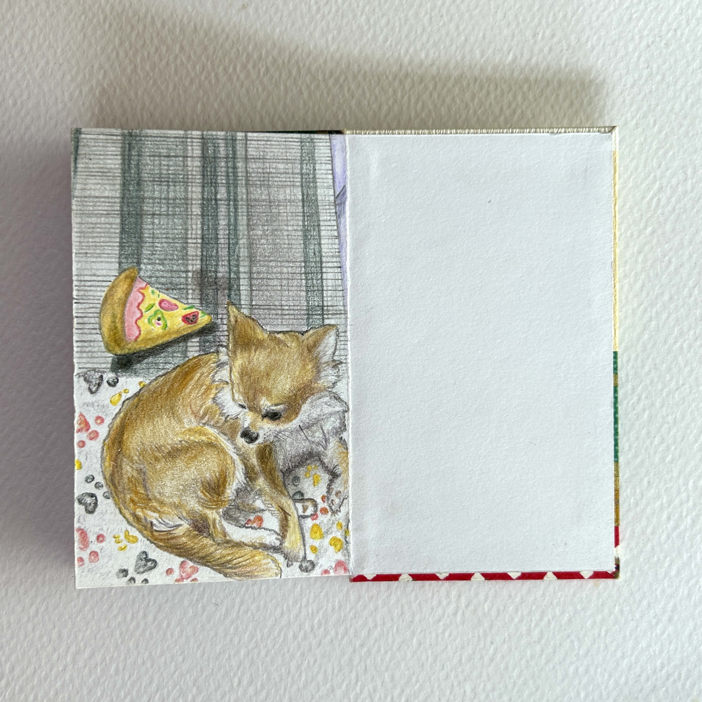 colour pencil drawing of a tiny dog seen at a dog cafe on Takeshita Street, Tokyo, Japan
